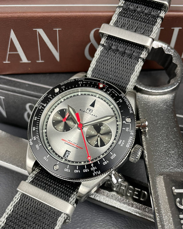 Front view of premium 6 hour bezel for gentleman racing watch by blanchard watch company Miami 2021 formula 1 precision split second timing comfortable racing watch