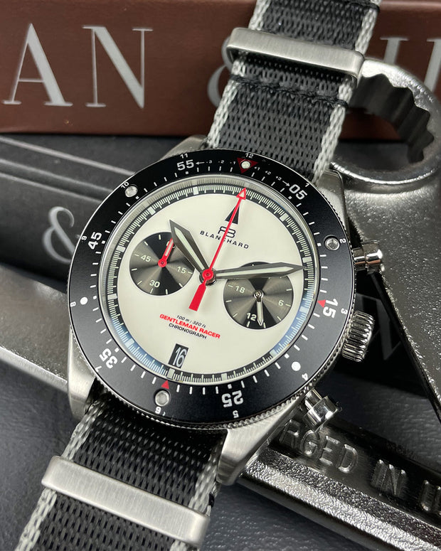 Front view of premium panda white gentleman racing watch by blanchard watch company Miami 2021 formula 1 precision split second timing comfortable racing watch