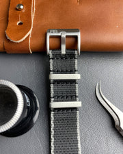 Front view of premium Nato nylon gentleman racing watch strap by blanchard watch company Miami 2021 formula 1 precision split second timing comfortable racing watch
