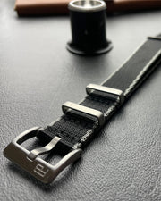 Up close view of premium Nato nylon gentleman racing watch strap by blanchard watch company Miami 2021 formula 1 precision split second timing comfortable racing watch